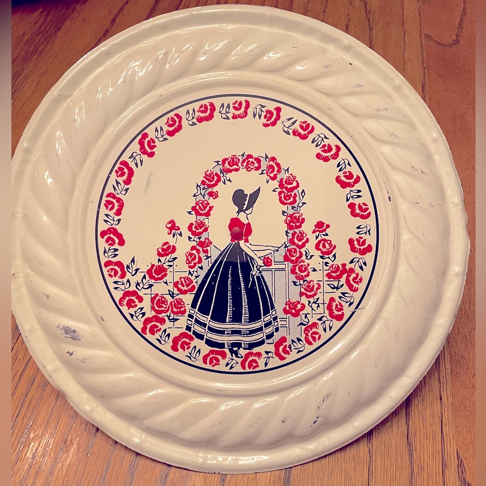 Vintage - Tin chimney flue cover - southern belle silhouette-/red roses. @1930’s